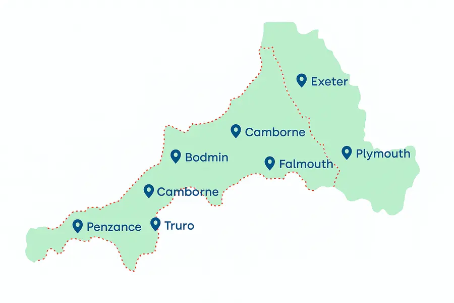 Map showing Hydrogeology Consulting Ltd service coverage across Cornwall and South West England including Bodmin, Truro, Plymouth, Exeter, and surrounding towns.